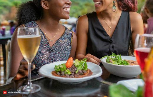 Firefly Women talking at a restaurant in Kenya One is laughing, one is looking down 6696