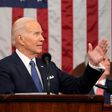 President Joe Biden gestures toward first lady Jill Biden as he delivers the State of the Union address to a joint session of Congress on February 7, 2023 in the House Chamber of the U.S. Capitol in Washington, DC. The speech marks Biden's first addres...