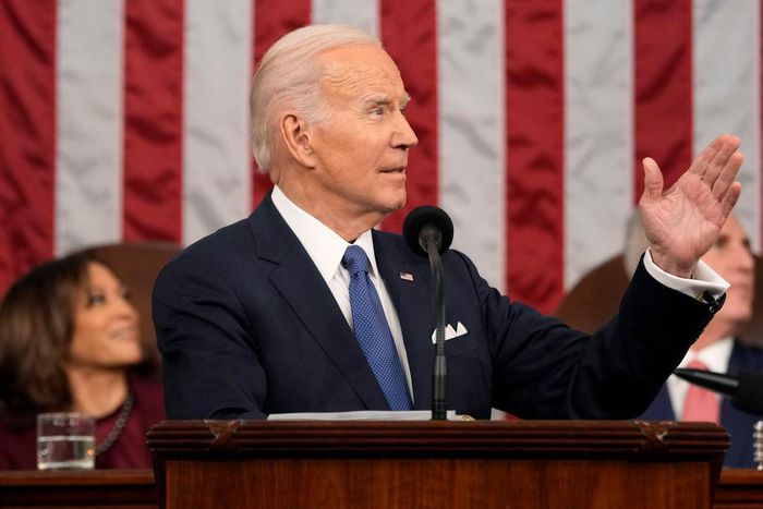 President Joe Biden gestures toward first lady Jill Biden as he delivers the State of the Union address to a joint session of Congress on February 7, 2023 in the House Chamber of the U.S. Capitol in Washington, DC. The speech marks Biden's first addres...