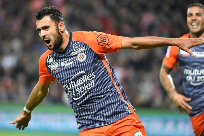 Montpellier's French forward Gaetan Laborde reacts after scoring against Marseille on Sunday