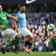Lewis Dunk, seen here challenging Sergio Aguero, is the first Brighton player to be called up by England in more than 35 years