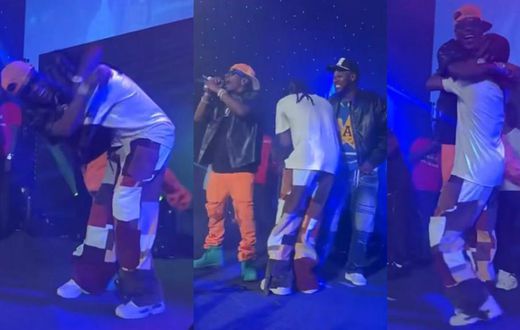 Samini and Shatta happily hug it out after reuniting at Daddy Lumba's London show