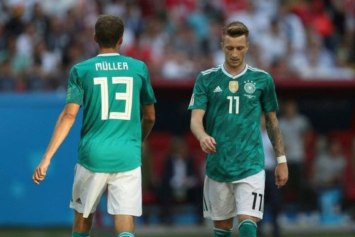 Germany forward Marco Reus (R) sat out Tuesday's training session in Leipzig with the national team, ahead of Thursday's friendly against Russia, with a bruised foot after scoring twice for Borussia Dortmund on Saturday.