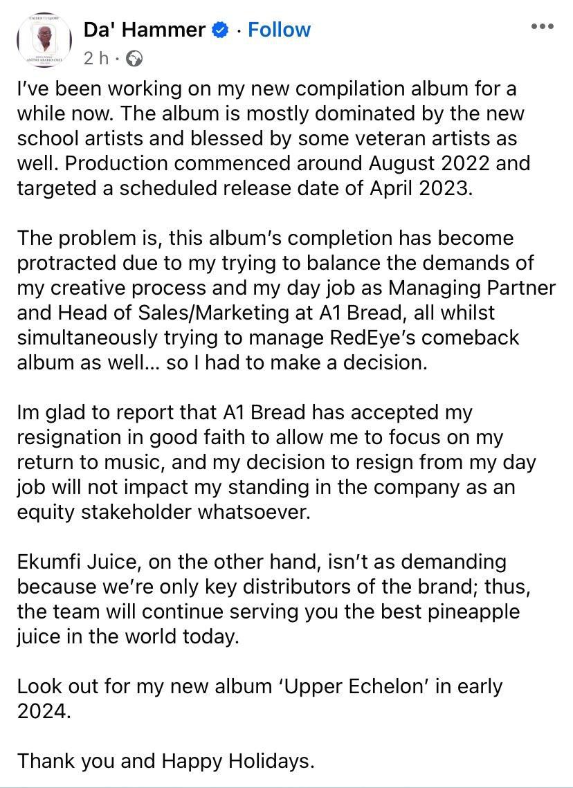 Hammer leaves A1 Bread Factory day job; announces return to music