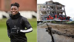 Christian Atsu and photos displaying the impact of the earthquake in Turkey.