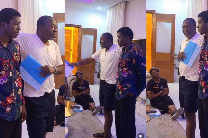 Kanayo O Kanayo initiates son into Nollywood, warns crew not to treat him special