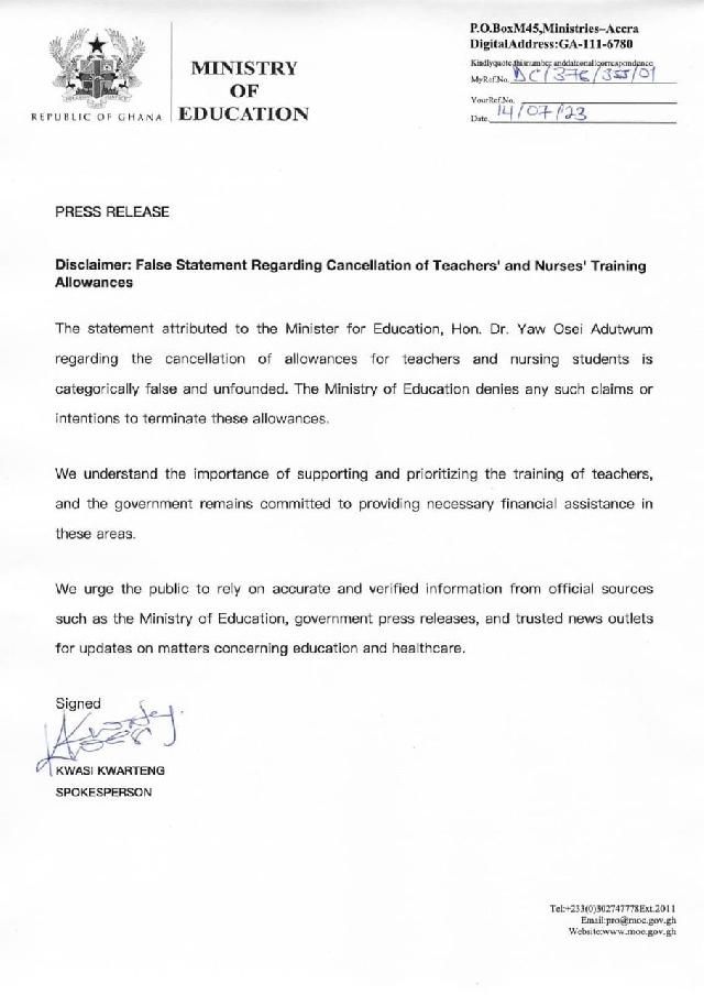 Ministry of Education statement