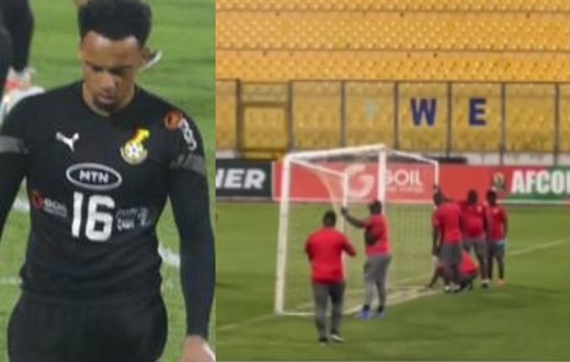 Video: Macho men hold goalpost in Black Stars training to prevent repeat of Wollacott’s injury