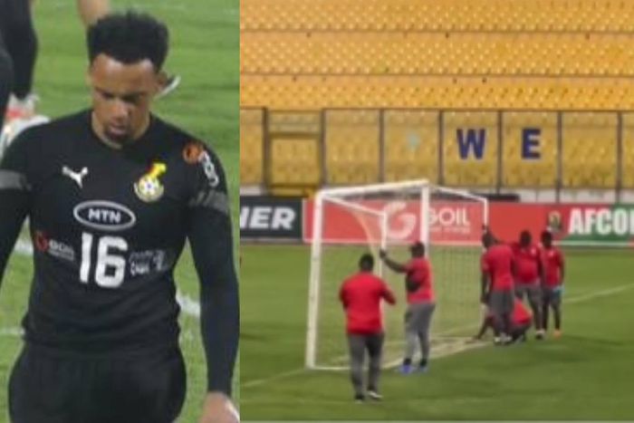Video: Macho men hold goalpost in Black Stars training to prevent repeat of Wollacott’s injury