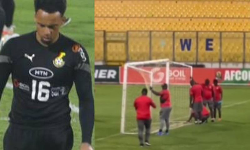 Video: Macho men hold goalpost in Black Stars training to prevent repeat of Wollacott’s injury
