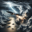 An AI generated scene depicting a commercial airplane being struck by lightning in the sky