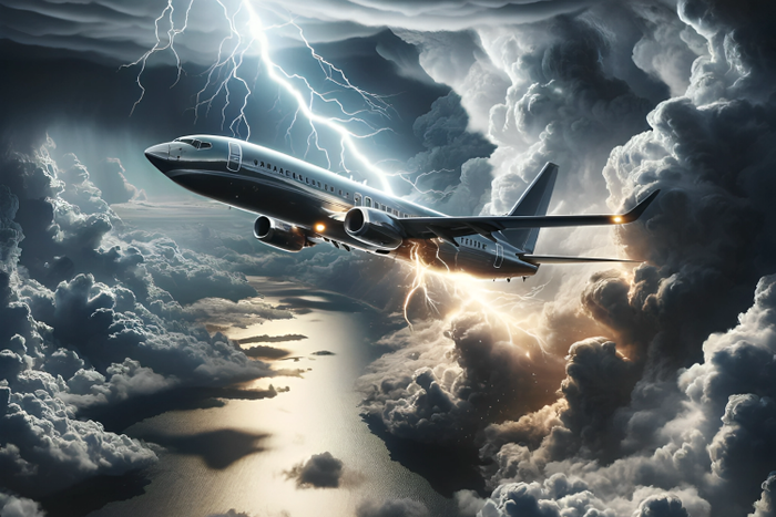 An AI generated scene depicting a commercial airplane being struck by lightning in the sky