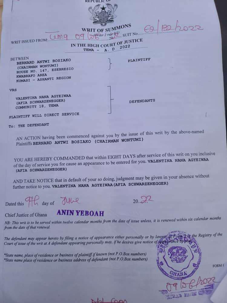 Chairman Wontumi sues Afia Schwarzenegger for GH2million over sex claims