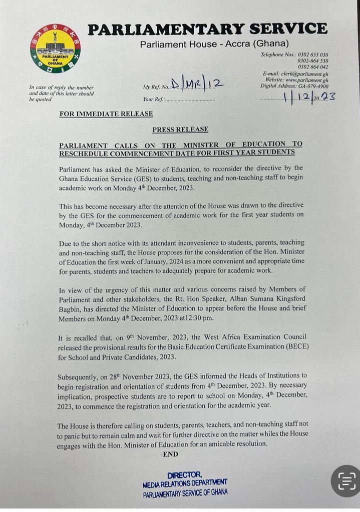 Parliament to GES to revise repeoning date for first year SHS