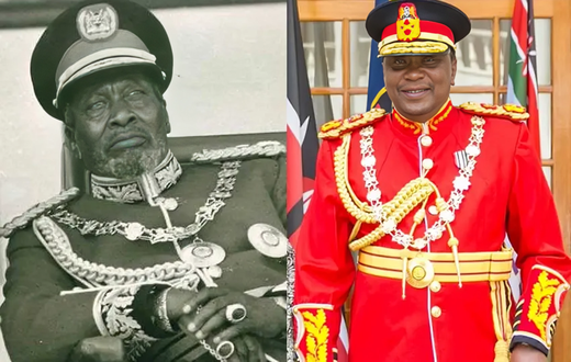 From left: Kenya's 1st President Mzee Jomo Kenyatta & his son Uhuru Kenyatta, the 3rd President of Kenyan ( Both wearing a military regalia)