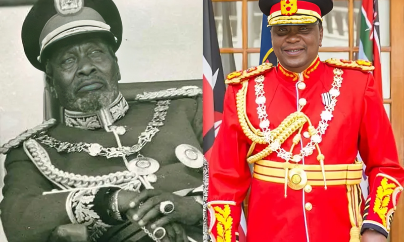 From left: Kenya's 1st President Mzee Jomo Kenyatta & his son Uhuru Kenyatta, the 3rd President of Kenyan ( Both wearing a military regalia)