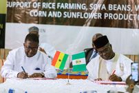 Rev. George Tsidi Blavo, lead Coordinator, Jospong Rice Project together with Mr.   Aminu Mohammed Gorony, RIFAN president and executive of EGTA Investment Ltd signing the MoU at a short ceremony in Nigeria.