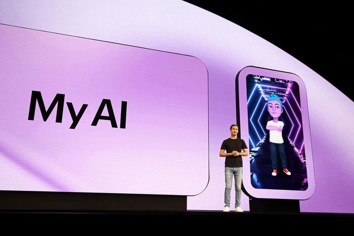 Evan Spiegel announcing Snapchat's "My AI" feature.Joe Scarnici/Stringer/Getty