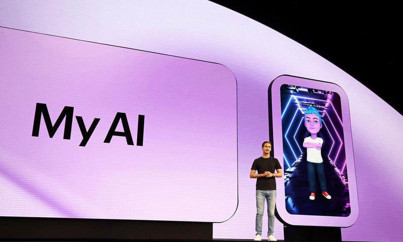 Evan Spiegel announcing Snapchat's "My AI" feature.Joe Scarnici/Stringer/Getty