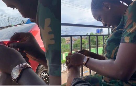 Female soldier romantically cuts civilian husband's toenails, netizens react