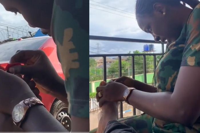 Female soldier romantically cuts civilian husband's toenails, netizens react