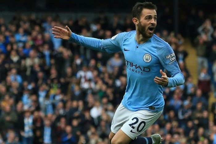 Manchester City midfielder Bernardo Silva celebrates after scoring their second goal against Burnley at the Etihad
