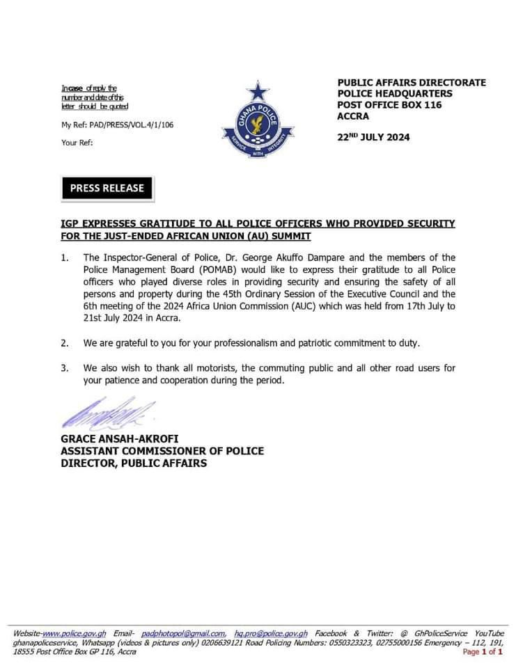 Dampare expresses gratitude to Police officers who provided security for AU summit