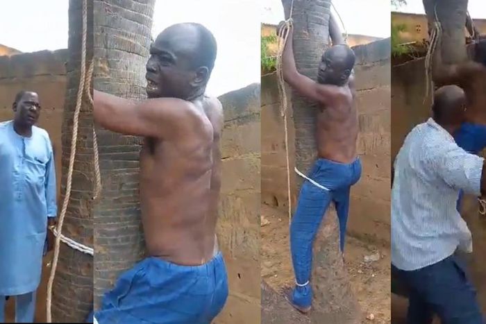 Elder orders, supervises flogging of crying man tied to a tree for beating wife