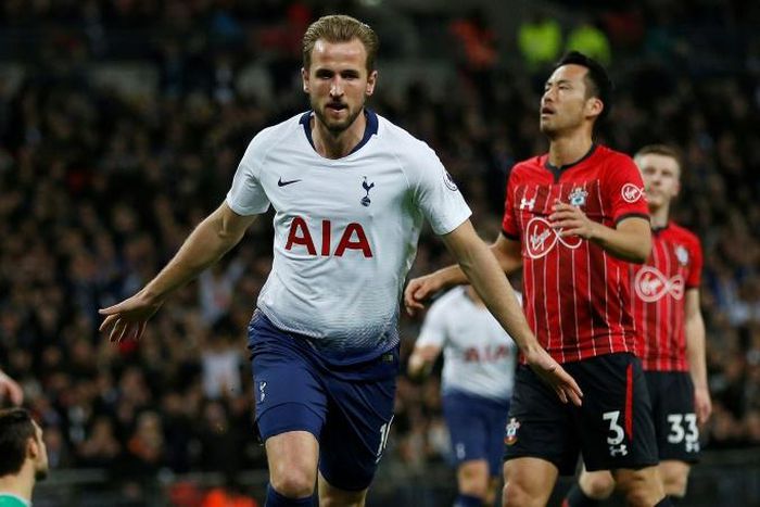 Tottenham striker Harry Kane celebrates scoring against Southampton