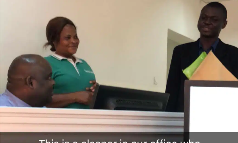 Company cleaner full of joy as son she recommended gets employed