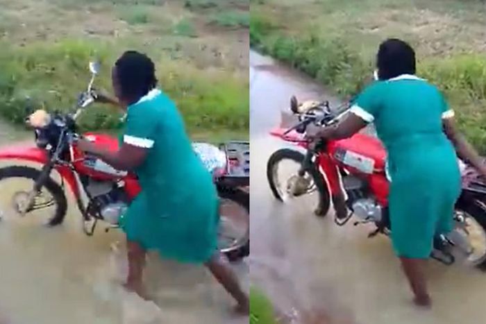 Akufo-Addo, we’re suffering – Nurses cry while pushing motorbike through stream