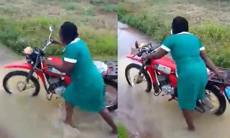 Akufo-Addo, we’re suffering – Nurses cry while pushing motorbike through stream