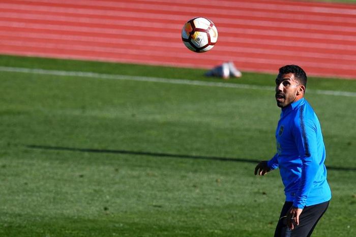 Boca Juniors striker Carlos Tevez training at the Spanish Football Federation (RFEF) headquarters in Las Rozas, Madrid ahead of Sunday's Libertadores Cup final against River Plate.