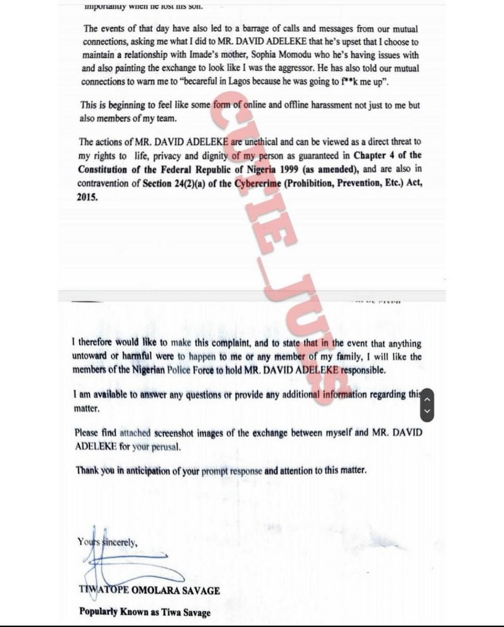 Page two of Tiwa savages petition against Davido [ [X/thepepperoom]