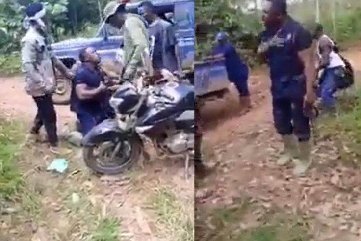 Heavily-built police officers kneel to beg profusely for mercy from galamsey boys