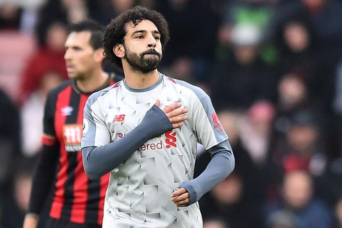Liverpool forward Mohamed Salah celebrates after scoring against Bournemouth