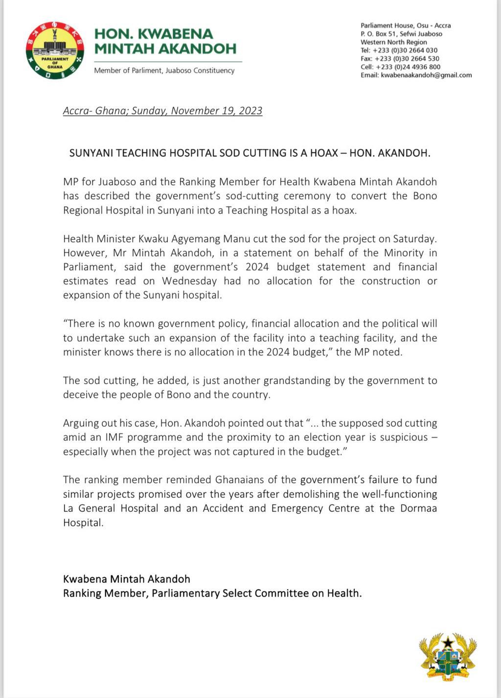 Letter by Hon Akandoh