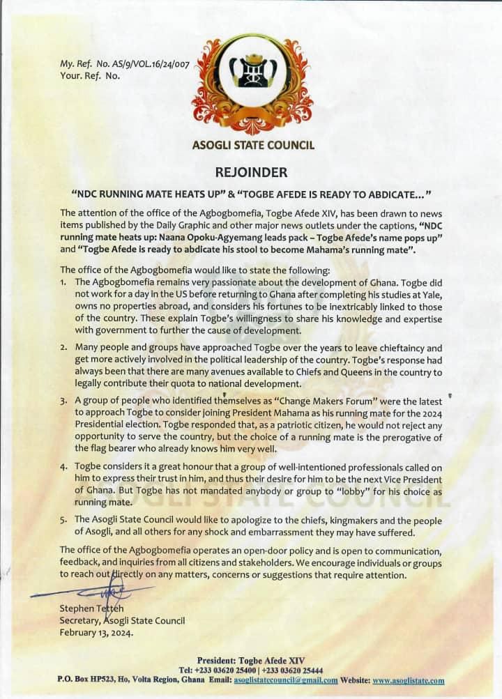 Statement by Asogli State
