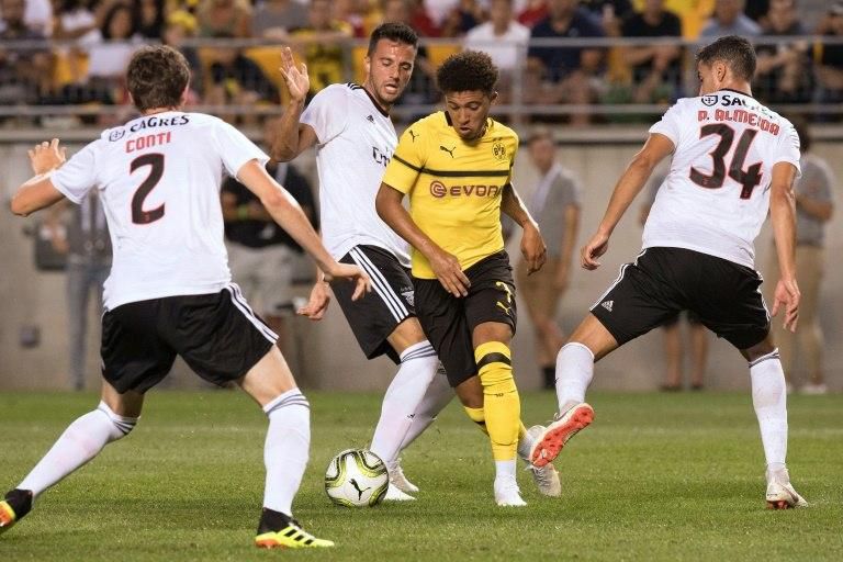 Borussia Dortmund's Jadon Sancho (C) is a weapon off the bench, according to club captain Marco Reus, after the England junior international shone in Wednesday's 7-0 hammering of Nuremberg.