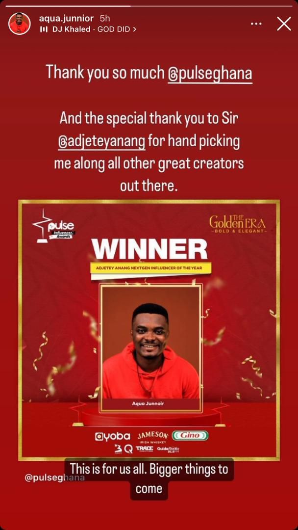 Aqua Junnior thanks his fans after winning the Adjetey Anang NextGen Influencer of the Year Award.