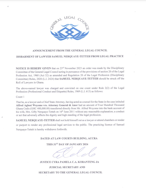 GLC bans Samuel Nerquaye-Tetteh from practising law over GHC400k from Woyome