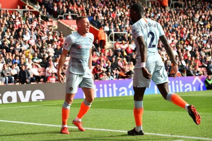 Ross Barkley celebrates scoring Chelsea's second goal in a 3-0 away to Southampton