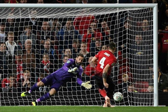 Phil Jones missed the crucial spot-kick as Derby eliminated Manchester United from the League Cup on penalties