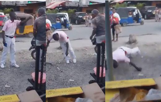 Okada rider slaps street preacher for shouting ‘fire’, he falls hard to the ground