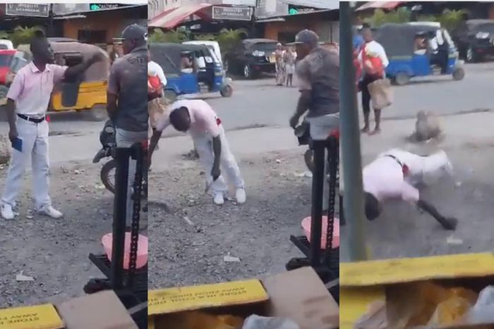Okada rider slaps street preacher for shouting ‘fire’, he falls hard to the ground