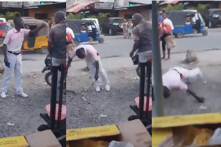 Okada rider slaps street preacher for shouting ‘fire’, he falls hard to the ground