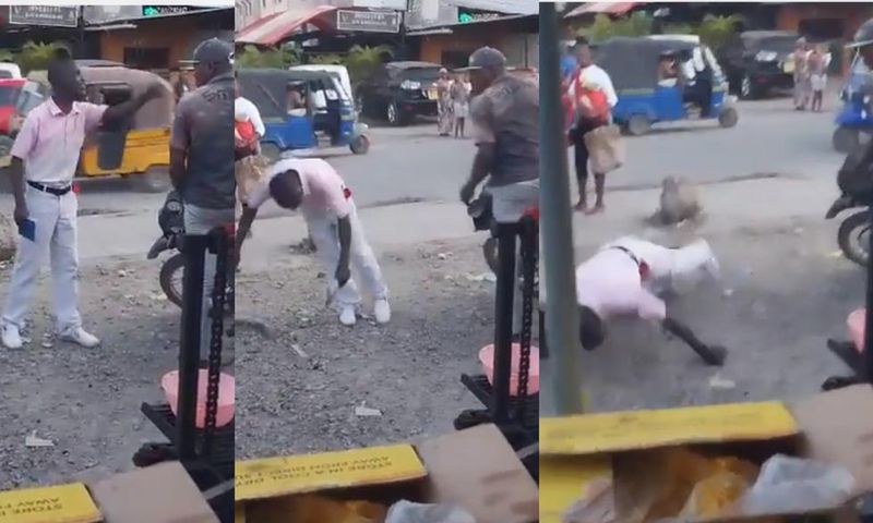 Okada rider slaps street preacher for shouting ‘fire’, he falls hard to the ground