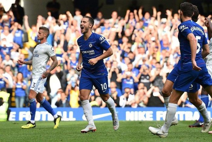 Chelsea's Eden Hazard celebrates scoring their third goal in a 4-1 win at home to Cardiff
