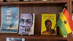 Books by author Kwame Nkrumah are displayed on a shelf in the Library of Africa and the African Diaspora (LOATAD) in Accra