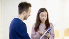 Woman work resume book talk boss employee